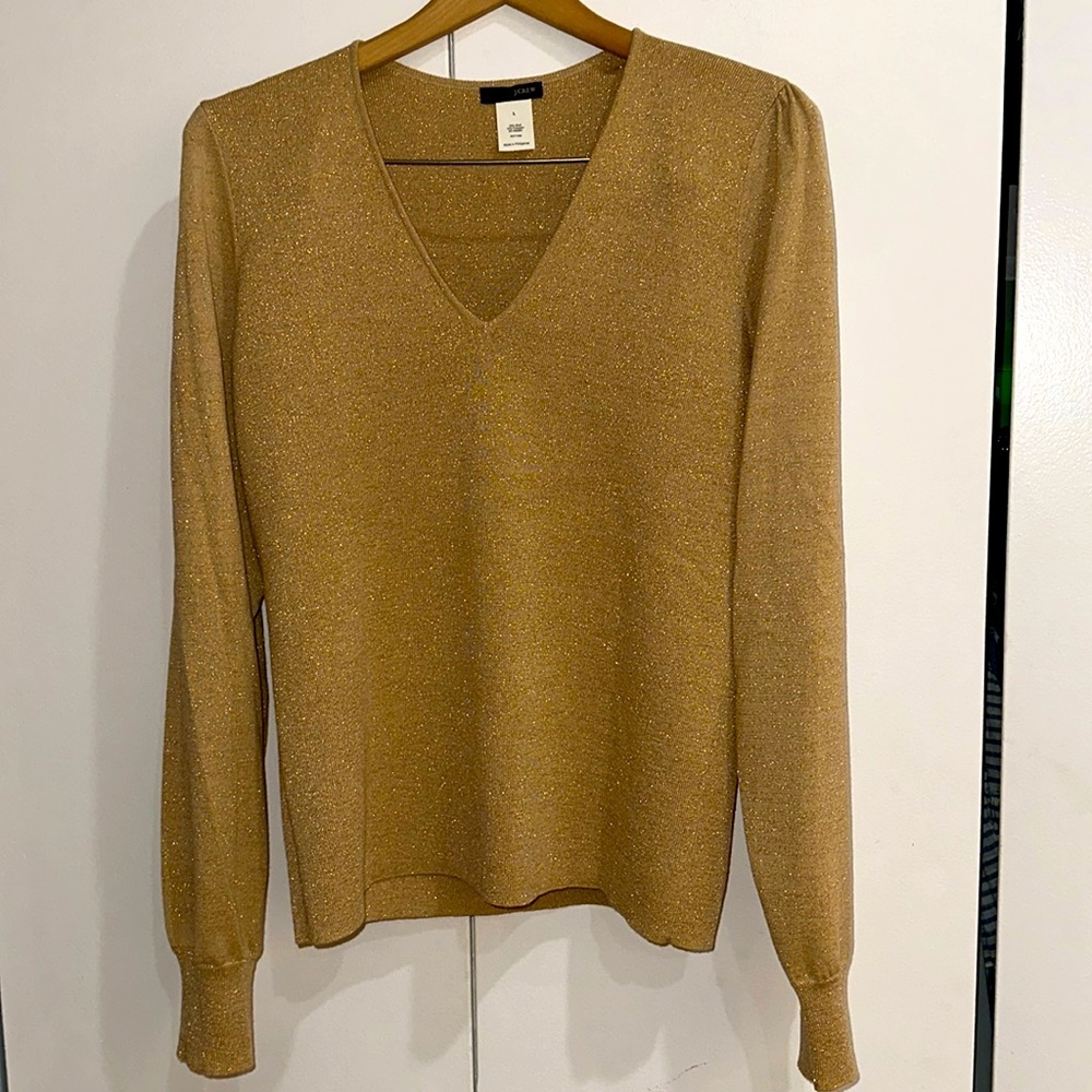 Gold metallic long sleeve v-neck sweater